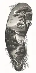 a nature scene featuring elements like trees sunset river and video games  tattoo design idea