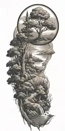 a nature scene featuring elements like trees sunset river and video games  tattoo design idea