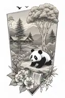 landscape in a triangle with a horizontal river, tall trees, a baby panda and violets tattoo design idea