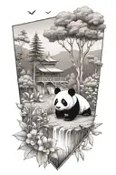 landscape in a triangle with a horizontal river, tall trees, a baby panda and violets tattoo design idea