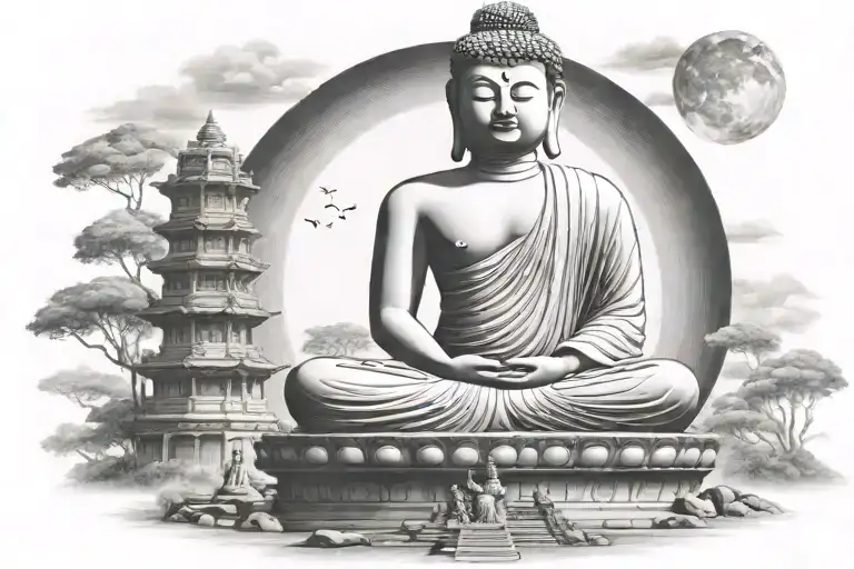 big Buddha in Thailand near small man sitting on the steps moon surrounded tattoo design idea