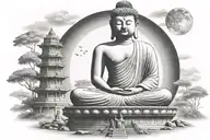 big Buddha in Thailand near small man sitting on the steps moon surrounded tattoo design idea