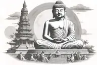 big Buddha in Thailand near small man sitting on the steps moon surrounded tattoo design idea
