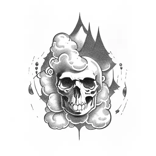 house with skulls cloud tattoo design idea