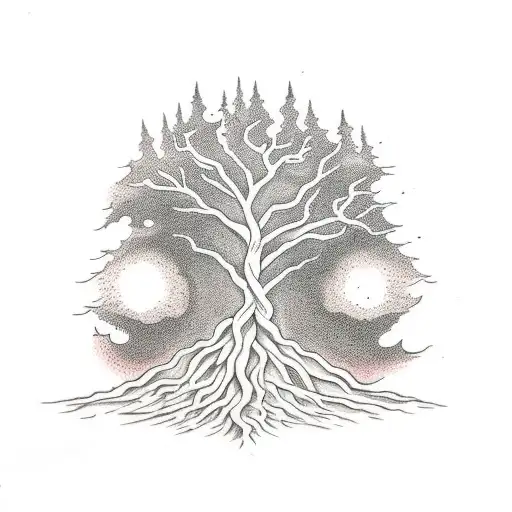 A tree reaching towards the heavens with roots extending into the depths of hell tattoo design idea