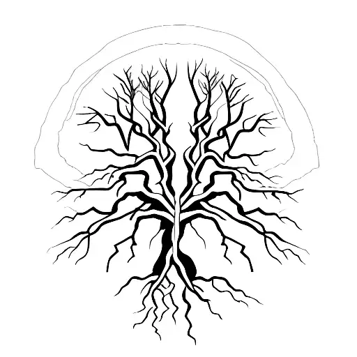 A tree reaching towards the heavens with roots extending into the depths of hell tattoo design idea
