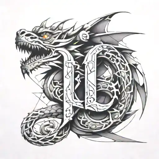 a dragon swallowed the letters M & J  tattoo design idea