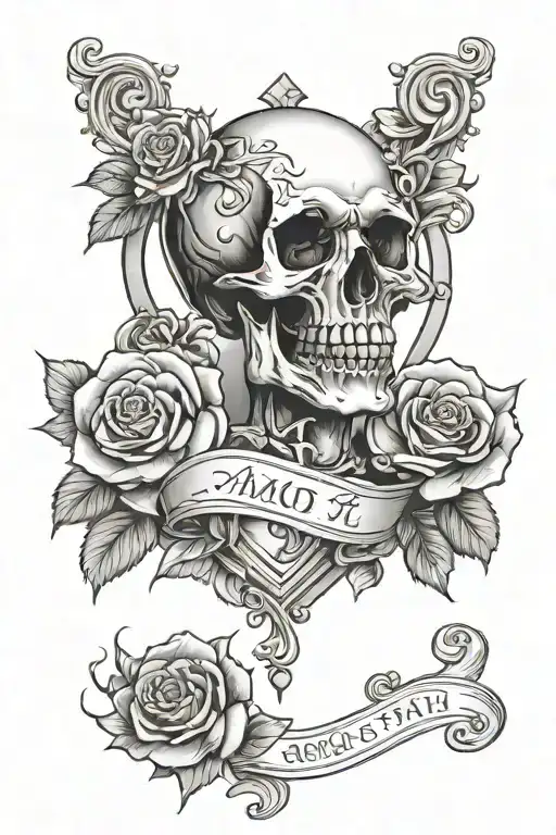 Heart, Skull, roses and a strip to write amor fati tattoo design idea