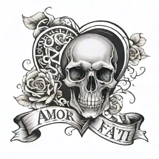A heart with an skull inside and an strip with the term AMOR FATI tattoo design idea