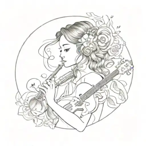 A portrait of your girlfriend surrounded by a halo of musical instruments, symbolizing her importance in your life and your love for music tattoo design idea
