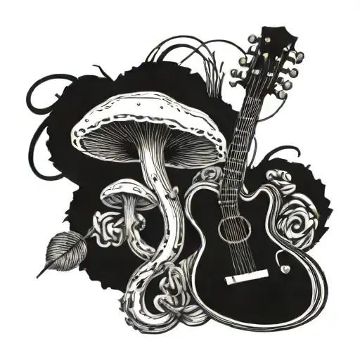 A Navy anchor intertwined with guitar strings, with mushrooms growing around it, representing your occupation, passion for music, and love for mushrooms tattoo design idea