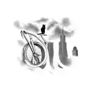 A cat riding a bicycle crashing into the twin towers. tattoo design idea