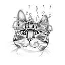 A cat riding a bicycle crashing into the twin towers. tattoo design idea