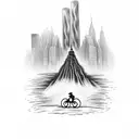 A cat riding a bicycle crashing into the twin towers. tattoo design idea