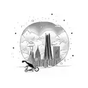 A cat riding a bicycle crashing into the twin towers. tattoo design idea