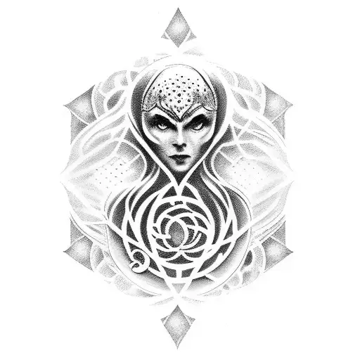 A haunting dotwork tattoo of a mystical tarot card featuring a cinematic scene with a music soundtrack in the background. tattoo design idea