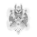 A haunting dotwork tattoo of a mystical tarot card featuring a cinematic scene with a music soundtrack in the background. tattoo design idea