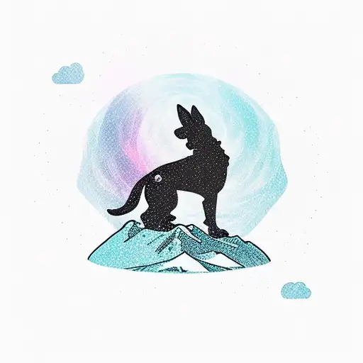 A dog silhouette hiking up a spiral mountain trail at sunrise tattoo design idea