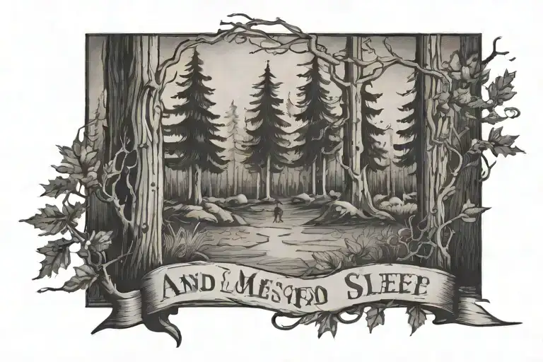 dark wooded tree area with the words "and miles to go before I sleep" tattoo design idea