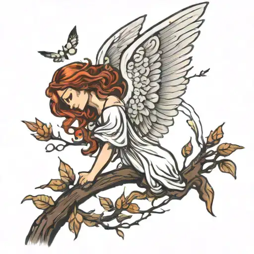 angel broken wings resting on tree tattoo design idea