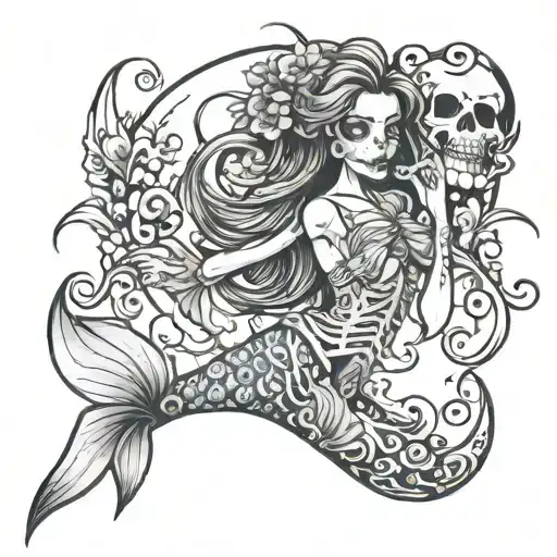 skeleton mermaid tattoo design idea