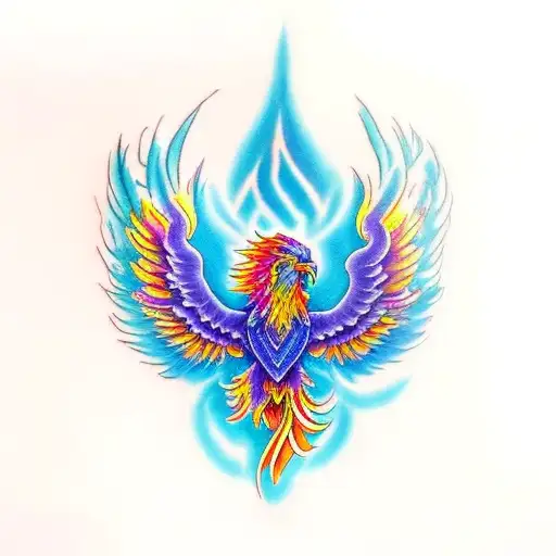 Create a regal phoenix tattoo representing rebirth and royal leadership. The phoenix, with vibrant colors of purple, blu tattoo design idea