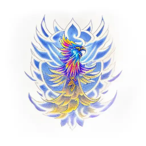 Create a regal phoenix tattoo representing rebirth and royal leadership. The phoenix, with vibrant colors of purple, blu tattoo design idea