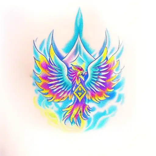 Create a regal phoenix tattoo representing rebirth and royal leadership. The phoenix, with vibrant colors of purple, blu tattoo design idea