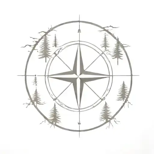 A minimalist tattoo of a compass surrounded by pine trees, representing your passion for hunting and exploring nature tattoo design idea