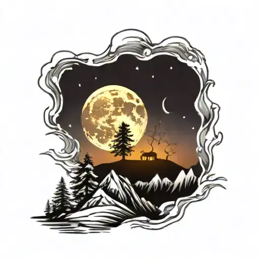 full moon over ragged mountain silhouette incorporated tattoo design idea