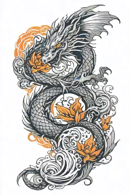 dragon, waterfall, phoenix, yin and yang tattoo design idea