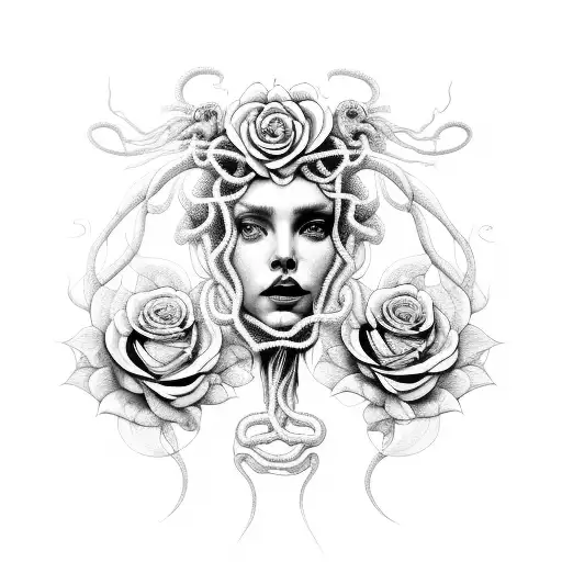 Medusa half gorgan face half woman face surrounded by black roses and white roses and snake hair  tattoo design idea