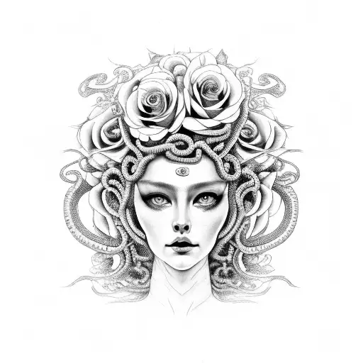 Medusa half gorgan face half woman face surrounded by black roses and white roses and snake hair  tattoo design idea