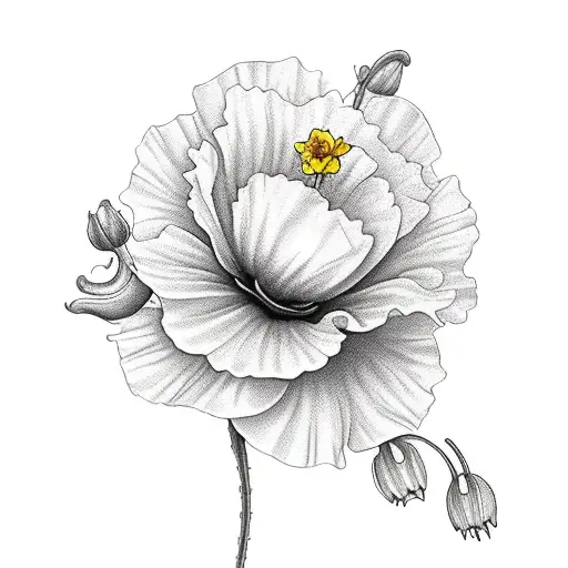 make a sleeve with the flowers: carnation, primrose, daffodil, honeysuckle, poppy, and morning glory tattoo design idea