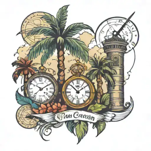 palm trees, Chicago, Swiss clock, London, Empire State, Dominican rum tattoo design idea
