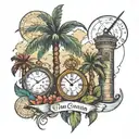 palm trees, Chicago, Swiss clock, London, Empire State, Dominican rum tattoo design idea