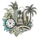 palm trees, Chicago, Swiss clock, London, Empire State, Dominican rum tattoo design idea