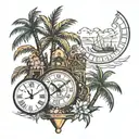 palm trees, Chicago, Swiss clock, London, Empire State, Dominican rum tattoo design idea