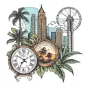 palm trees, Chicago, Swiss clock, London, Empire State, Dominican rum tattoo design idea