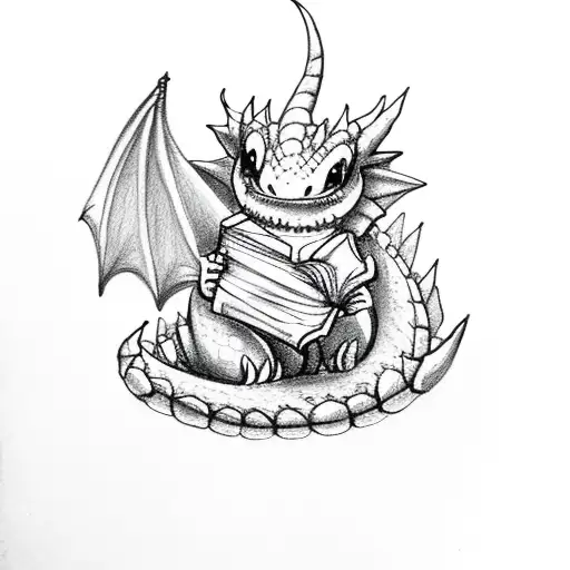 adorable dragon hoarding a book tattoo design idea