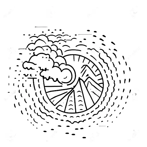 wide volcano with little volcanic stone wall semicircles in front of it tattoo design idea