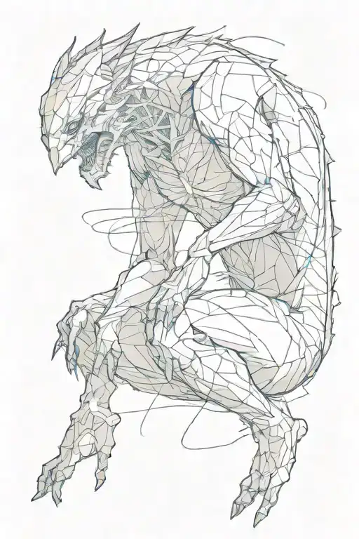 an incomprehensible creature similar to a person, sitting on his knees sideways with his head thrown back with an open m tattoo design idea