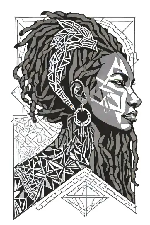 abstract lionness head, African queen with locs and Africa country, tattoo design idea