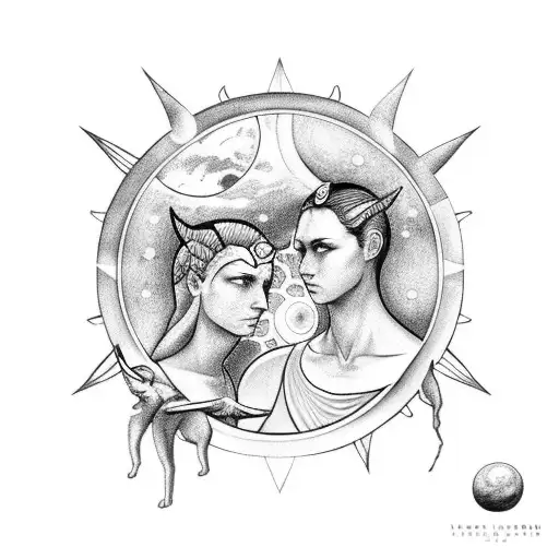 A tattoo of Artemis and Apollo standing together, representing the sun and moon tattoo design idea