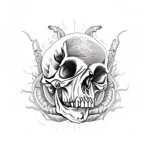 A detailed black-grey tattoo of a fierce scorpion crawling out of a skull, with sketchy linework adding depth and texture. tattoo design idea