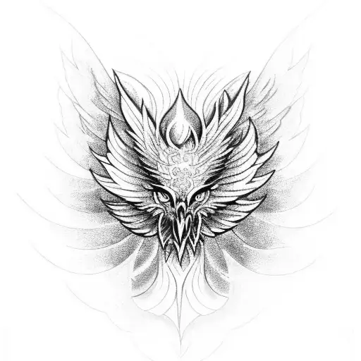 A dotwork tattoo of a mystical phoenix rising from the ashes, with intricate patterns and details representing transformation and rebirth. tattoo design idea