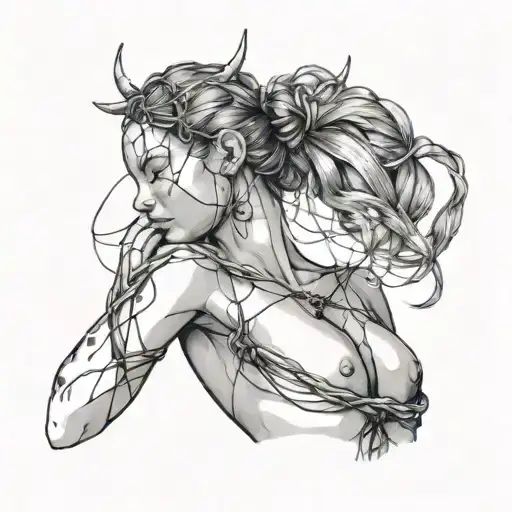 shibari tied up woman with Taurus constellation intertwined tattoo design idea