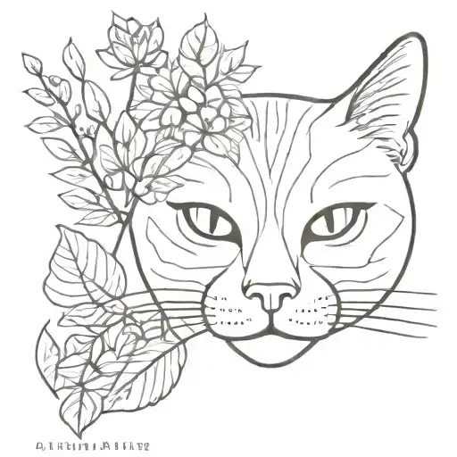 cat with nature elements tattoo design idea