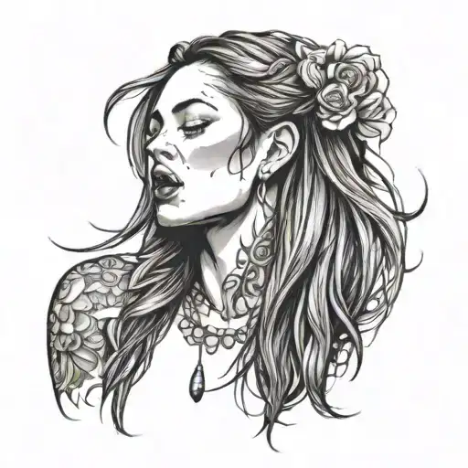 white woman, long straight wet brown hair, tongue sticked out, closed eyes tattoo design idea