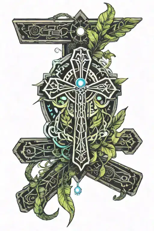 ankh surrounded by mostera plant morphing tattoo design idea